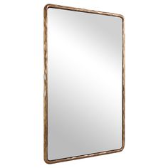 a mirror that is made out of wood and has a metal frame on the bottom