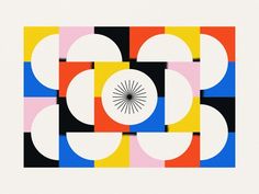 an abstract painting with different colors and shapes in the center, on a white background