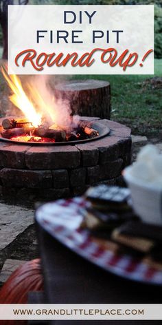 an outdoor fire pit with the words diy fire pit round top on it and some plates