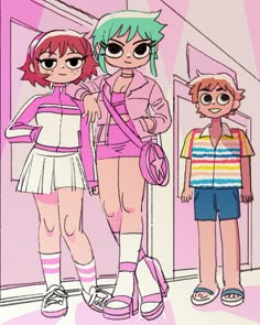 three cartoon characters standing next to each other in front of a pink wall and door