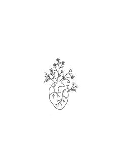 a black and white drawing of a heart with flowers