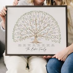 two women sitting on a couch holding up a framed family tree with names and dates