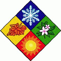 the four squares have different colors and designs on them, including snowflakes