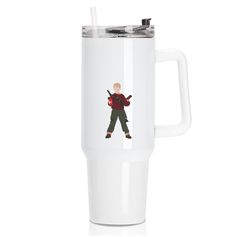 a white travel mug with an image of a man holding a guitar on the side