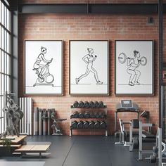 a gym with exercise equipment and posters on the wall