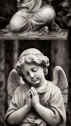 an angel statue is shown in black and white