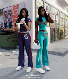 two women standing next to each other in front of a store