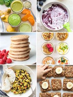 several pictures of different foods and desserts in bowls, including bananas, raspberries, yogurt, granola bars