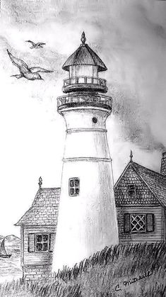 a drawing of a lighthouse with seagulls flying over it and the house in the background