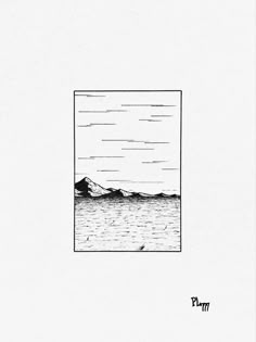 an ink drawing of the ocean and mountains