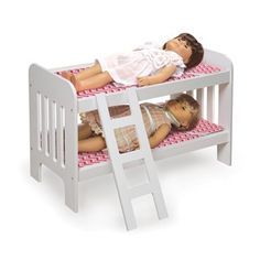 two dolls laying on top of a white bunk bed