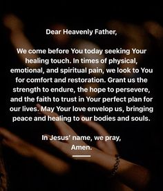 someone holding their hands in prayer with the words dear heavenly father, we come before you today seeking your