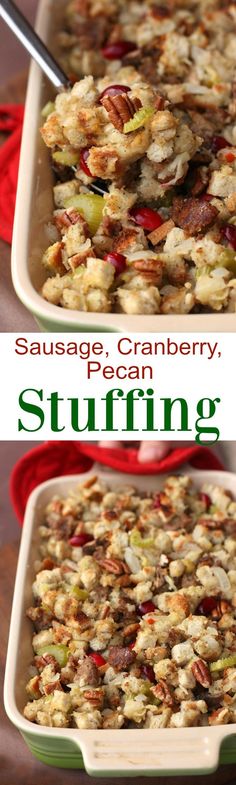 sausage, cranberry, and pecan stuffing recipe in a casserole dish