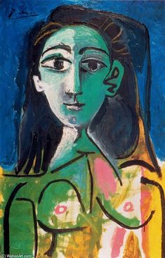 an abstract painting of a woman's face in blue, green and yellow colors