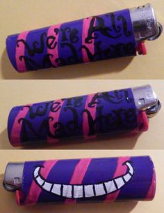 two pictures of the same lighter with different designs on it, one is purple and the other is pink