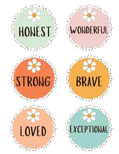 four stickers with words that say, strong, brave, loved and wonderful on them