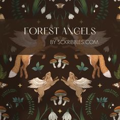 the cover of forest angels by scribbles com, featuring foxes and mushrooms