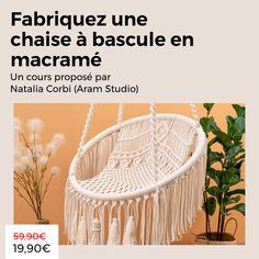 an advertisement for a macrame hanging chair