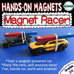 two toy cars sitting next to each other on top of a blue surface with text that reads hands - on magnets magnet racer