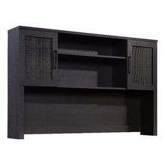 a black cabinet with doors and shelves on the bottom shelf is open to reveal its contents