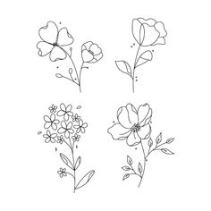 four different types of flowers drawn in black and white on a white background with the words,