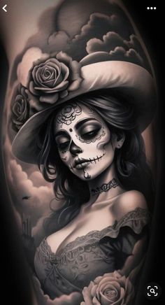 a woman with a hat and roses on her head is shown in this tattoo design