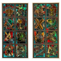 two stained glass windows with different types of items in them, one is green and the other is red