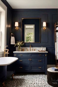 a bath room with a tub a sink and a mirror on the wall in it