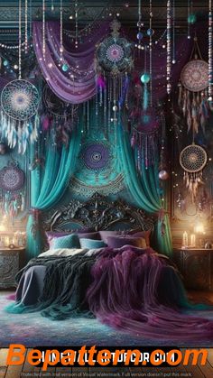 an artistic bedroom with purple and blue decor