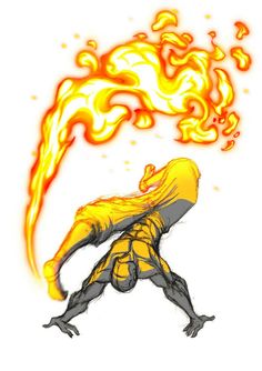 a drawing of a person doing a handstand with fire in the background