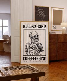 there is a sign that says rise and grind coffeehouse with a skeleton on it