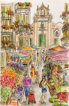 a drawing of people shopping at an outdoor market in the city with flowers and fruit