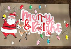 a merry and bright christmas card with santa holding a deer on it's back