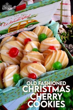 an old fashioned christmas cherry cookies in a box with the title overlaying it