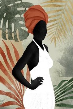 a woman in a white dress and red turban standing with her hands on her hips