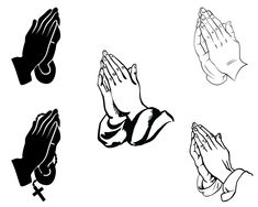 four hands with praying symbols in black and white