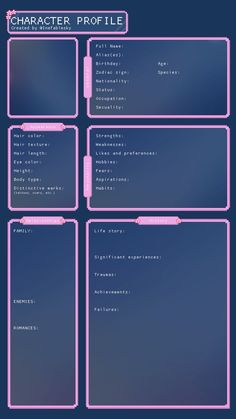 a blue and pink poster with the words character profile