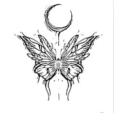 a black and white drawing of a butterfly with the moon on it's back