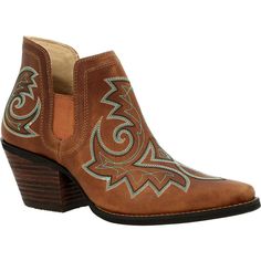 The women's Crush™ by Durango® line contains chic and sophisticated styles with beautiful prints, embellishments, and edgy overlay textures that beckon a cowgirl with just a touch of urban sass. This 6-inch Crush style in golden brown has a full-grain leather upper adorned with decorative stitching with a pop of turquoise. Fashionable and comfortable, these boots have gore side panels that stretch for foot placement. The interior of the boot is lined with a soft mesh, has a microfiber trim and f Durango Boots, Beautiful Prints, Closed Toe Shoes, Block Heel Ankle Boots, Decorative Stitching, Pointed Toe Heels, Fashion Heels, Style Crush, Clogs Shoes