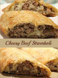 cheesey beef stromboli is cut in half and ready to be eaten