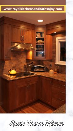 a kitchen with wooden cabinets and granite counter tops is featured in this postcard design