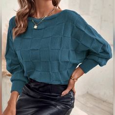 New Soft Textured Basket Weave Knit Dolman Sleeve Sweater Top * Long Batwing Sleeve * Ribbed Knit Detail * Round Neckline * Soft Stretch Pullover *Approximate Unstretched Measurements* Xs 2 * Bust * 36" * Sleeve Length 24.5" * Length 20" Small 4 * Bust * 37.75" * Sleeve Length 25" * Length 20.5" Medium 6 * Bust * 39.25" * Sleeve Length 25.5" * Length 20.75" Large 8/10 * Bust * 41.5" * Sleeve Length 26.25" * Length 21.5" Xl 12 * Bust * 44" * Sleeve Length 26.75" * Length 22" Xxl 14 * Bust * 46.5" Basket Weave Knit, Hippie Crochet, Maternity Tunic, Birthday Fashion, Teal Blue Color, Dolman Sleeve Sweater, Winter Festival, Feminine Blouses, Classy Chic