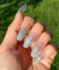 These are the most AMAZING glitter nails acrylic coffin ideas, which include fun manicure ideas like silver glitter French tips, glitter tip nails, and more glitter nail art ideas! If you’re looking for a stunning manicure that’s quite easy to execute, we definitely recommend trying out one of these long glitter nail designs featuring silver glitter ombre nails, silver glitter nails coffin, and more glitter nail ideas! Winter Acrylics, Jeweled Nails, Spirit Nails, Nails Extension, Clear Nail Tips, Faux Nails, Fake Nails Long