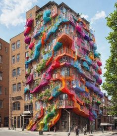 a multi - colored building with lots of windows and plants growing on it