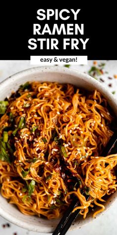 spicy ramen stir fry in a bowl with chopsticks