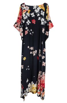 Hit the beach or kick it poolside in this flowy kaftan that features an allover floral pattern, kimono-inspired sleeves and an uneven hem. Boatneck Kimono-inspired sleeves 100% modal Hand wash, line dry Imported Nordstrom, Boat Neck, Nordstrom Rack, Floral Pattern, The Beach, Floral Print, Cover Up, Hand Wash, Floral Prints