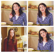 four different pictures of a woman making funny faces in the kitchen with food on the counter