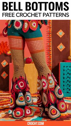 the legs and feet of a woman wearing crochet boots with text overlay that reads, bell bottoms free crochet patterns