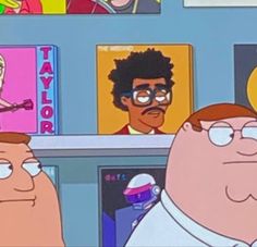 the family guy is looking at each other in front of bookshelves with cartoon characters on them