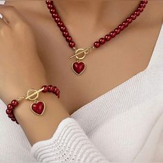 Faux Pearl Beaded Toggle Necklace And Earrings In Goldtone. Great Valentines Gift. Comes With Red Satin Gift Bag. Heart Necklace And Bracelet Set, Luxury Red Beads For Jewelry Making, Red Jewelry Set, Toggle Necklace, Pearl Jewelry Sets, Color Beads, Beaded Collar, Elegant Pendant, Fashion Jewelry Sets